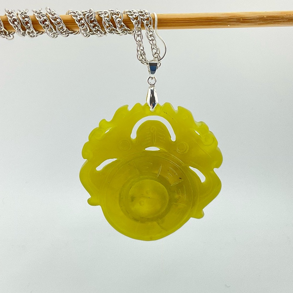 New Jade Dragon Spinner Pendant, Handmade, Yellow Green Jade, Unisex, 24" L - Picture 4 of 10